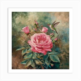 Enchanted Harmony A Vibrant Painting Of A Majestic Rose And Delicate Hummingbird (3) Art Print