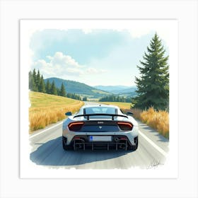 High Performance Car On A Scenic Highway, Watercolor Painting 1 Art Print