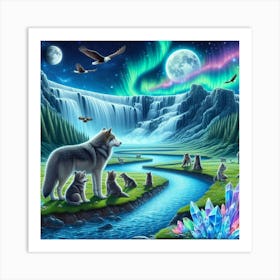 Wolf Family by Crystal Waterfall Under Full Moon and Aurora Borealis 9 Art Print