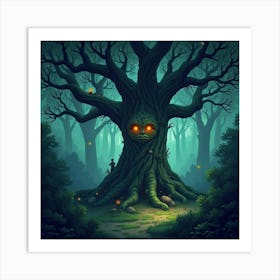 Ancient Giant Tree With Face And Glowing Eyes In A Magical Grove 1 Art Print