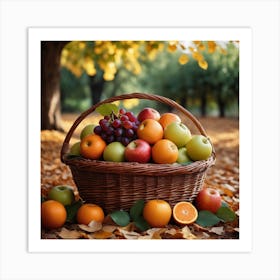 A Wicker Basket Filled With An Abundance Of Ripe Fruits Like Apples, Oranges And Grapes Arranged Neatly On The Ground Surrounded By Leaves 1 Art Print