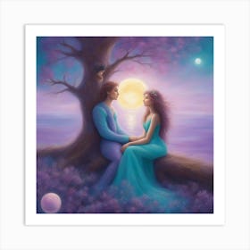 Couple Sitting Under The Moon Art Print