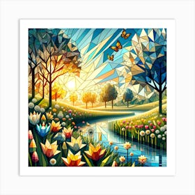 Tulips And Butterflies Geometric Art Print