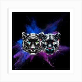 Two Jaguars side by side in neon paint explosion abstract and vivid Art Print