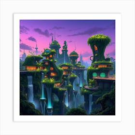 Futuristic Jungle City With Bioluminescent Plants Art Print