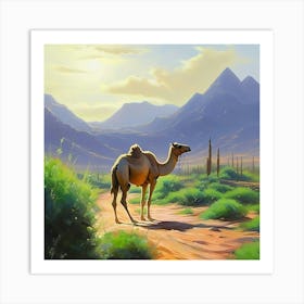 A Camel Walking In The Desert Amid Mountains And Green Plants Acrylic Painting Trending On Pixiv F Art Print