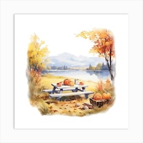 Watercolor Autumn Picnic Table Art Print