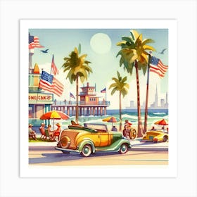 Vintage American Car On The Beach Art Print