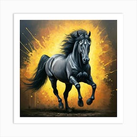 A Painting Of A Black Horse Galloping With A Vibrant Yellow And Orange Splattered Background Art Print