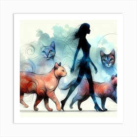 Woman With Cats Art Print