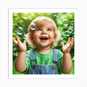 Little Boy Playing With Soap Bubbles Art Print