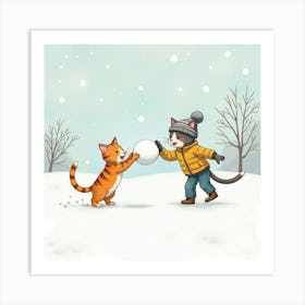 Cat And Human Having A Playful Snowball Fight, Watercolor Style 1 Art Print