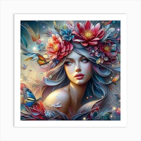 Beautiful Girl With Flowers And Butterflies Art Print