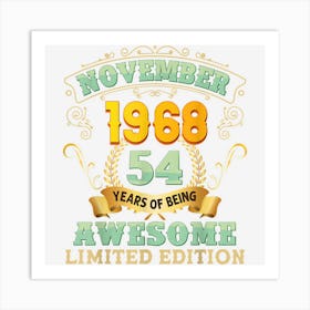 November 1968 54 Years Of Being Awesome 54th Birthday Retro Art Print