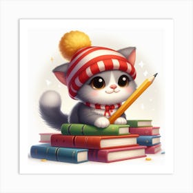 Cute Kitten Reading Books Art Print