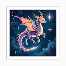 Watercolor Glowing Cosmic Dragon Flying Through The Stars And Galaxies 1 Art Print