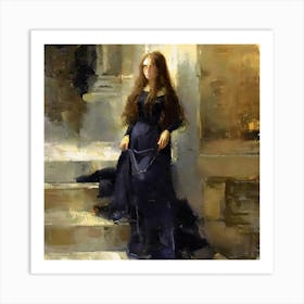 Mysterious Woman In A Blue Dress Art Print