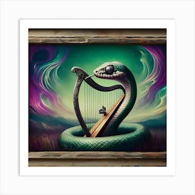 A Hypnotic Snake Playing A Silver Harp, Inspired By The Dreamlike Paintings Of Hieronymus Bosch, With A Mystical Purple And Green Palette, Where The Snake Is In Focus And The Surrounding Landscape Is Blurred Into Dreamlike Shapes, Art Print