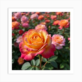 A Vibrant Rose Garden In Full Bloom, Showcasing Various Colors Of Roses 3 Art Print