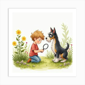 A Scottish Terrier And A Child Exploring A Garden With A Magnifying Glass, Watercolor Art Print