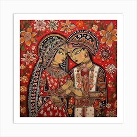 Indian Couple By artistai, Expressionism Painting, Acrylic On Canvas, Red Color Art Print