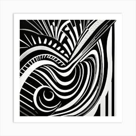 Retro Inspired Linocut Abstract Shapes Black And White Colors art, 209 Art Print