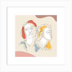 Portrait Of Two Women Continuous line drawing of a woman, Scandinavian wall art, fine art print. Art Print