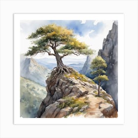 Watercolor Of A Lone Tree In The Mountains Art Print