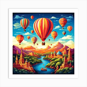 Hot Air Balloons In The Sky, Hot Air Balloon Adventures A Whimsical Pattern With Colorful Hot Air Balloons Floating Over Landmark 4 Art Print