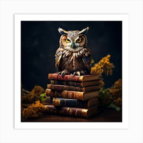 Owl On Books, An Owl Perched On A Stack Of Books Symbolizing Wisdom And Learning 6 Art Print