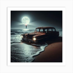 Abandoned Car At Night Art Print