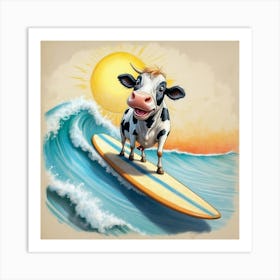 Cow Surfing On A Surfboard Art Print