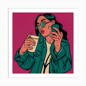 Cool girl calling and drink coffe, Pop Illustration Art Print