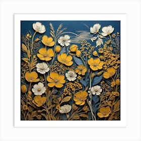 Linocut Flower Meadow Mustard Blue Art Print Art Print