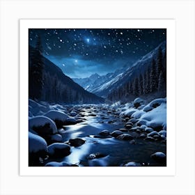 Midnight Scene Unveiling Snow Covered Mountain Forests Under A Pitch Black Sky Interspersed With La Art Print