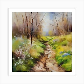 Path In The Woods.A dirt footpath in the forest. Spring season. Wild grasses on both ends of the path. Scattered rocks. Oil colors.30 Art Print