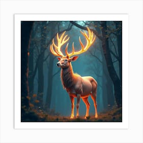 A Majestic Stag With Antlers Of Radiant, Cosmic Patterns Standing In A Dreamlike Forest Art Print