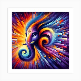 "Radiant Divinity: Lord Ganesha in Cosmic Bloom" - This vibrant depiction of Lord Ganesha is a fusion of spirituality and cosmic wonder, portrayed in an explosion of vivid colors and dynamic strokes. Symbolic of wisdom, prosperity, and the removal of obstacles, Ganesha's visage is rendered in a swirl of blues and purples, set against a backdrop of fiery oranges and yellows that suggest a universe bursting with endless possibilities. This striking artwork is a celebration of divine energy and joy, perfect for uplifting any space with its exuberant hues and spiritual significance. It's an ideal choice for those who appreciate both the traditional aspects of Ganesha and the boundless creativity of modern art. Art Print