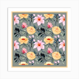 Watercolor Flowers On A Grey Background Art Print