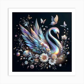 Swan With Flowers And Butterflies Art Print