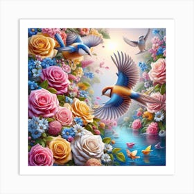 Birds And Roses 1 Art Print