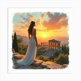 Graceful Greek Woman In Watercolor, Enjoying A Sunset View Over The Ancient Ruins 1 Art Print