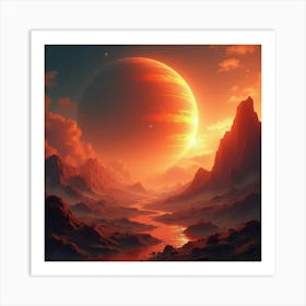 Titan Amidst A Watercolor Fiery Landscape, Intense And Vivid 1 Art Print