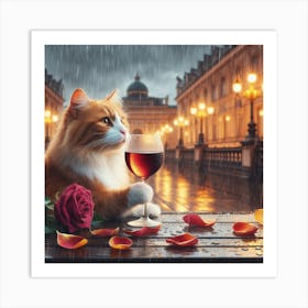 Cat Drinking Wine In The Rain Art Print