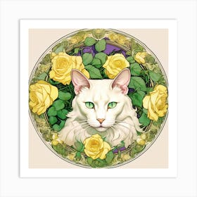 Cat With Yellow Roses Art Print