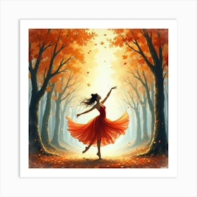 Watercolor Scene Of Dancer In A Fantasy Autumn Forest 1 Art Print