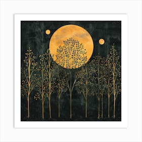 William Morris Inspired Vintage Yellow Moon Night Forest Art Print