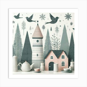 Scandinavian style, Pine forest and birds 1 Art Print