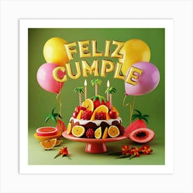 Feliz cumple and Feliz cumpleaños sign means Happy Birthday in Spanish language, Birthday party celebration gift with birthday cake candle colorful balloons best congratulation over light background wall artFeliz Cumple 61 Art Print