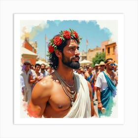 Enchanting Greek Man In Watercolor, Surrounded By The Vibrant Colors Of A Traditional Festival 1 Art Print